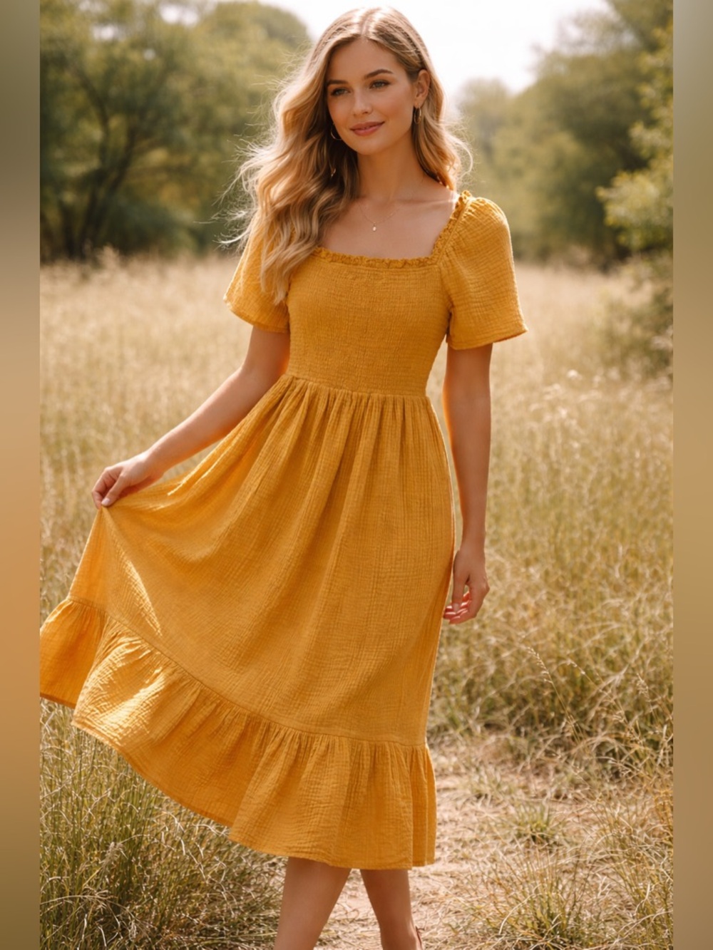 Brass & Roe Mustard Textured Gauze Smocked Midi Dress Medium Boho Cottagecore